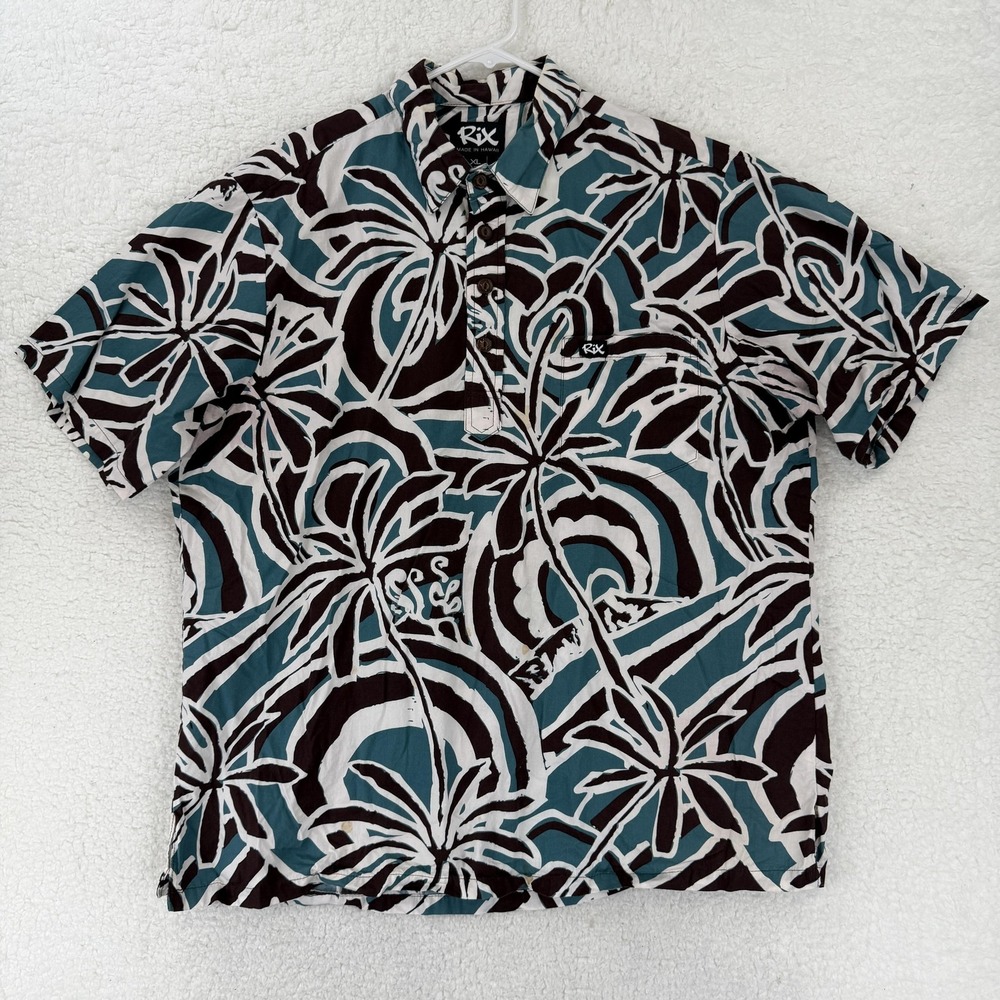 Rix Shirt Mens XL Teal Black Hawaiian Aloha Palm Tree Button Up Made‎ Hawaii